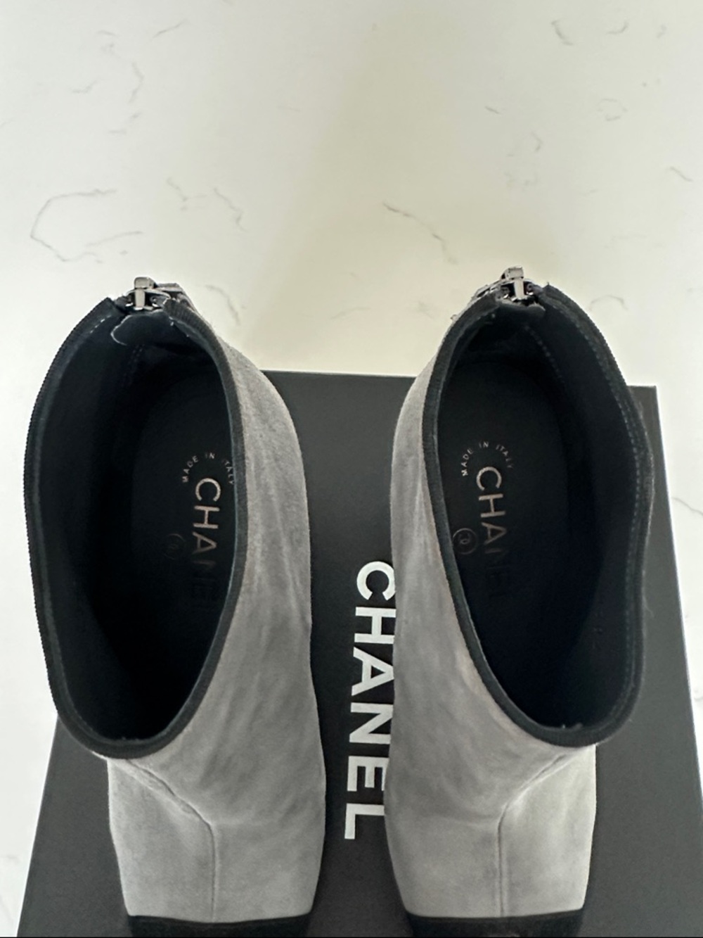 CHANEL Gray Suede Ankle Booties with Black Cap Toe - Picture 5 of 8